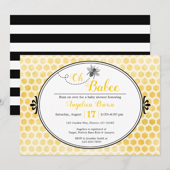 yellow black honeycomb stripe Oh Babee baby shower Invitation (Front/Back)