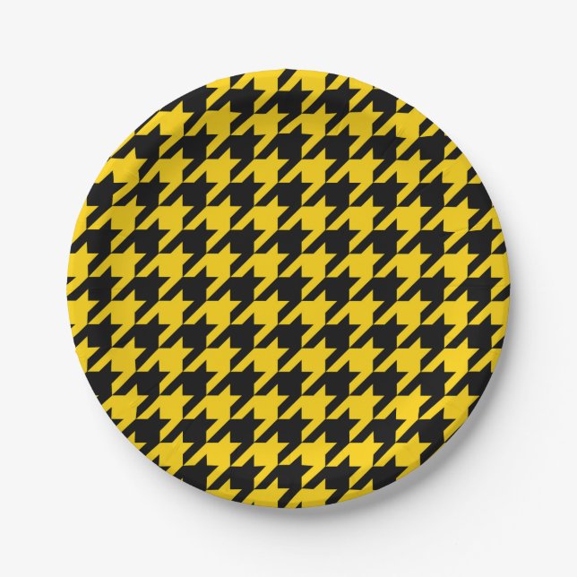 Yellow Black Houndstooth Check Paper Plate (Front)