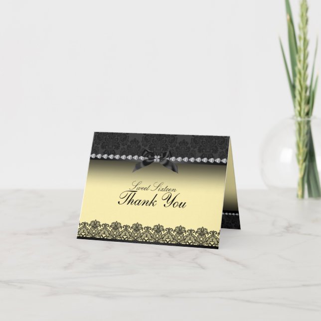 Yellow & Black Lace Sweet16 Thank You card (Front)