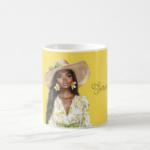 Yellow Black Lady Hat Floral Earrings Coffee Mug