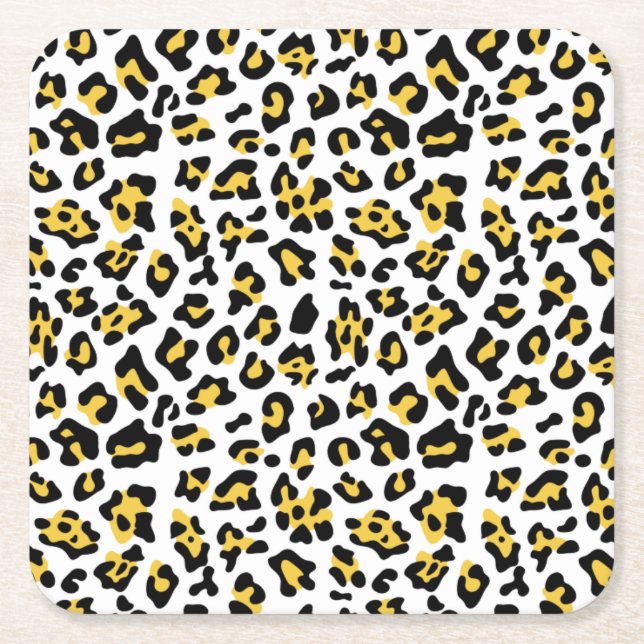 Yellow Black Leopard Animal Print Pattern Square Paper Coaster (Front)