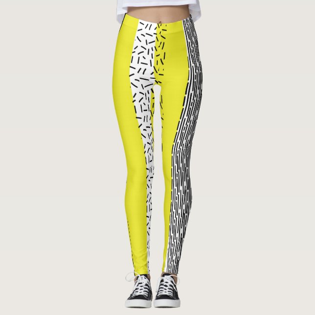 Yellow & Black Mix Geometric Pattern Leggings (Front)