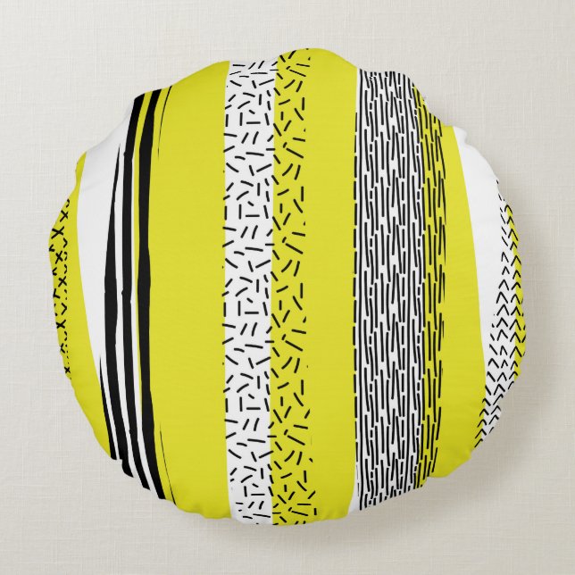 Yellow & Black Mix Geometric Pattern Round Cushion (Back)