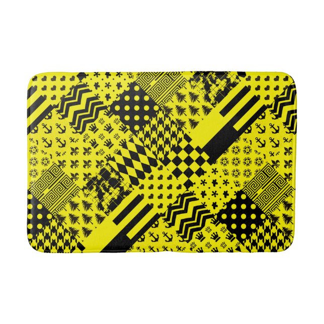 Yellow Black Mixed Patterns Patchwork Design  Bath Mat (Front)