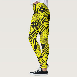 Yellow Black Mixed Patterns Patchwork Design Leggings