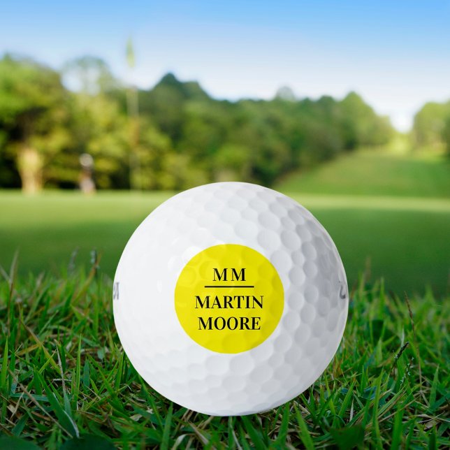 Yellow black monogram initials minimalist name golf balls (Creator Uploaded)