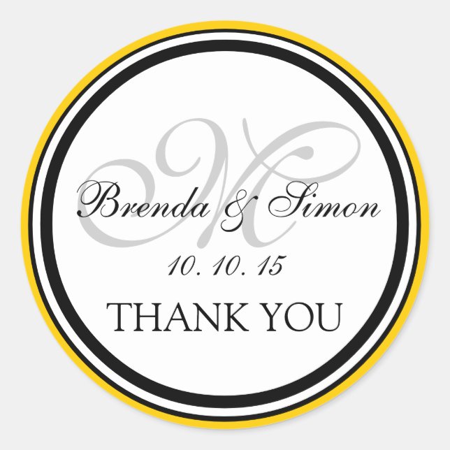 Yellow Black Monogram M Wedding Thank You Classic Round Sticker (Front)