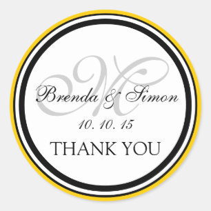 Yellow Black Monogram M Wedding Thank You Classic Round Sticker