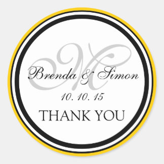 Yellow Black Monogram M Wedding Thank You Classic Round Sticker