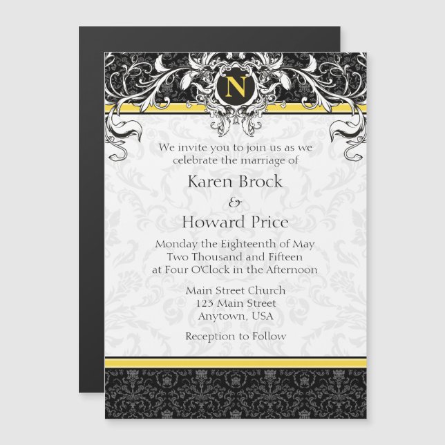 Yellow Black Monogram Magnetic Wedding Invitation (Front/Back)