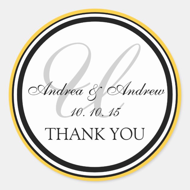 Yellow Black Monogram U Wedding Thank You Classic Round Sticker (Front)