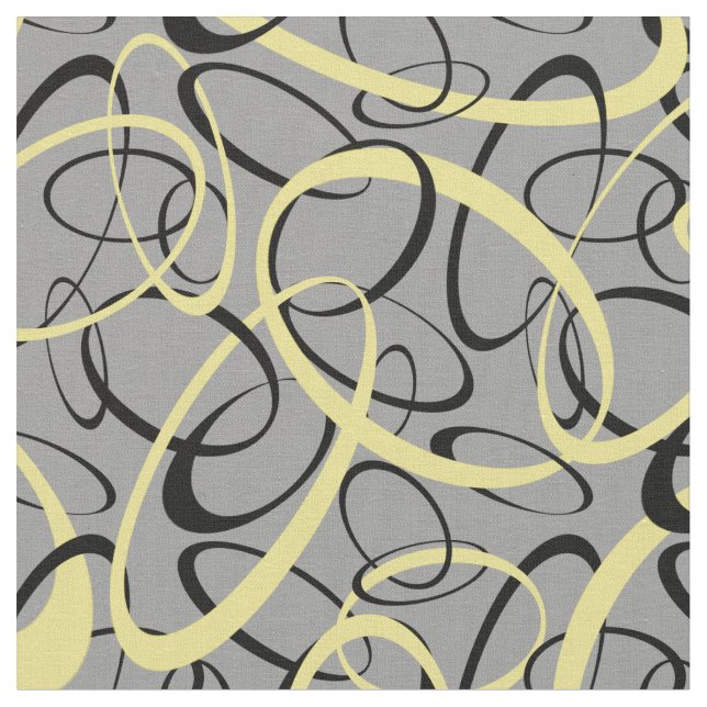 Yellow Black on Grey Retro Ovals Pattern Fabric (Close Up)