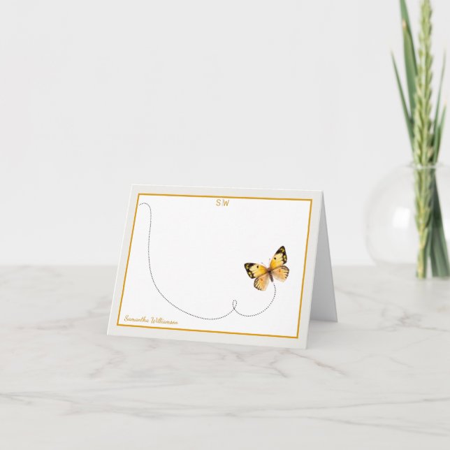Yellow Black Orange Dot Butterfly Monogram Folded Thank You Card (Front)