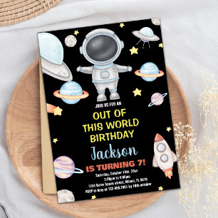 Yellow Black Outer Space Birthday Invitations