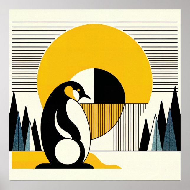 Yellow Black Penguin Abstract Sunshine Art Deco Poster (Front)