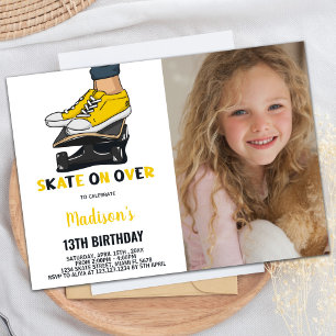 Yellow Black Photo Skateboards Birthday Invitation