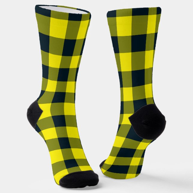 Yellow Black Plaid Chequered Pattern Socks (Angled)