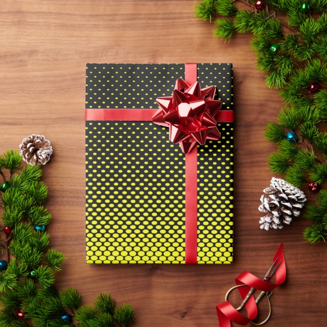 Yellow Black Polka Dot Halftone Background Wrapping Paper (Holiday Gift)