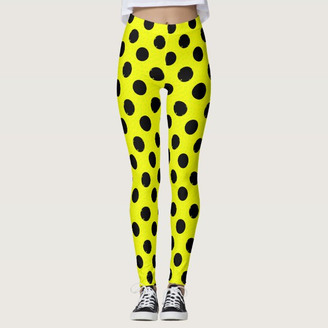 Yellow Black Polka Dots Leggings (Front)
