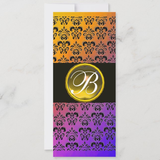 YELLOW BLACK PURPLE DAMASK TOPAZ MONOGRAM INVITATION (Front)