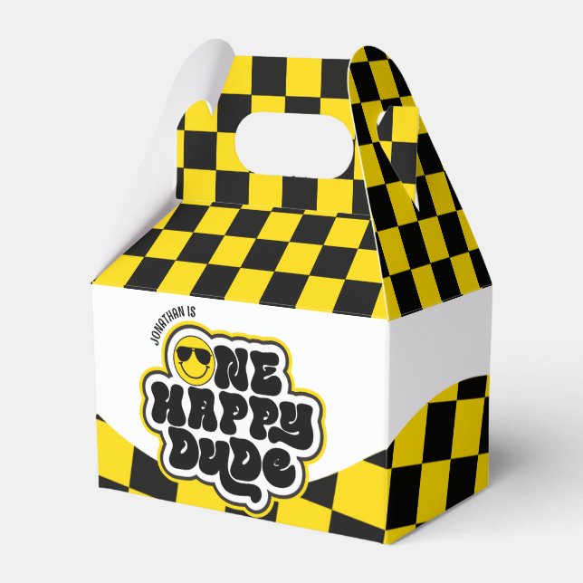 Yellow Black Retro One Happy Dude 1st Birthday Favour Box (Front Side)