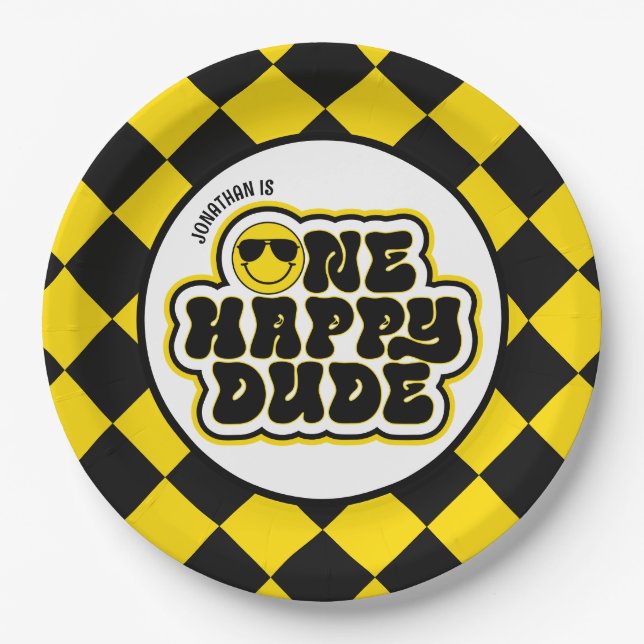 Yellow Black Retro One Happy Dude 1st Birthday Paper Plate (Front)