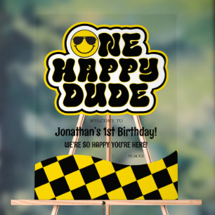 Yellow Black Retro One Happy Dude Birthday Welcome Acrylic Sign
