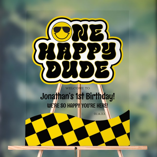 Yellow Black Retro One Happy Dude Birthday Welcome Acrylic Sign (Neutral)