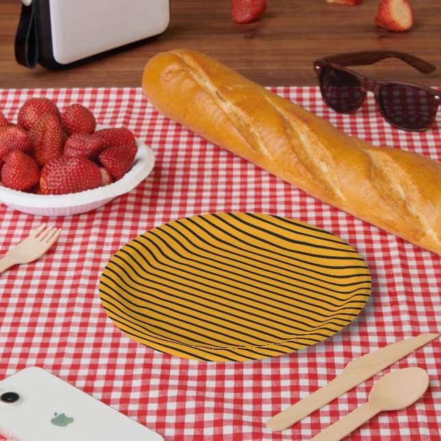 Yellow Black Retro Stripe Pattern Paper Plate (Picnic)