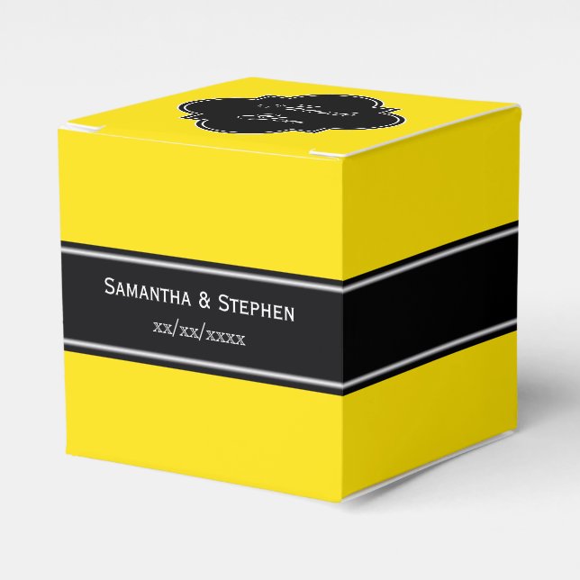 Yellow, Black Ribbon Name Monogram Favour Box (Front Side)
