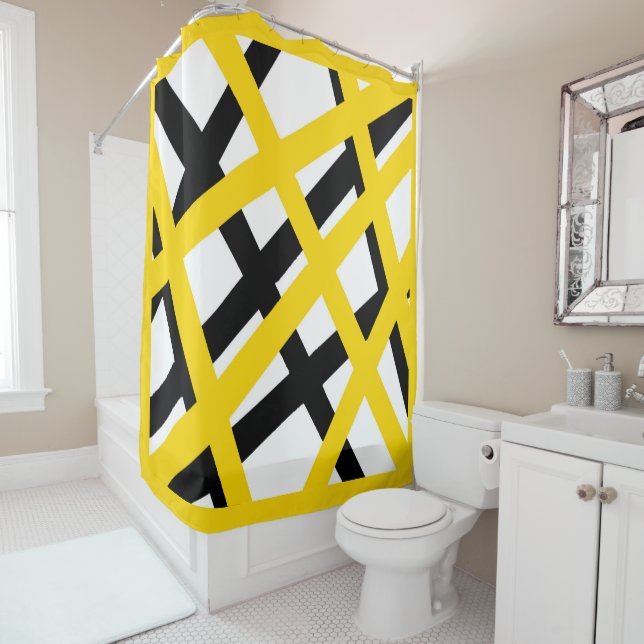 Yellow Black Stripe Geometric Shower Curtain (In Situ)