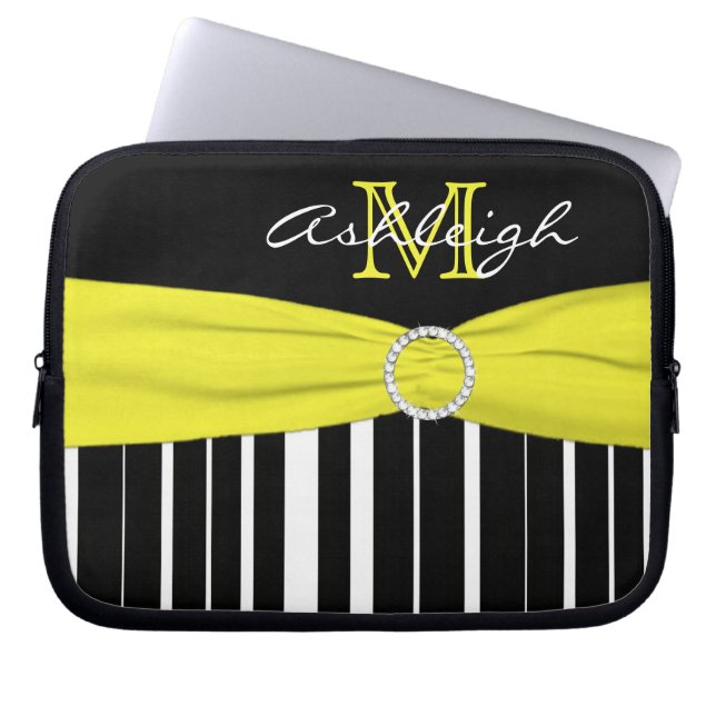 Yellow Black Striped FAUX Ribbon Laptop Sleeve (Front)