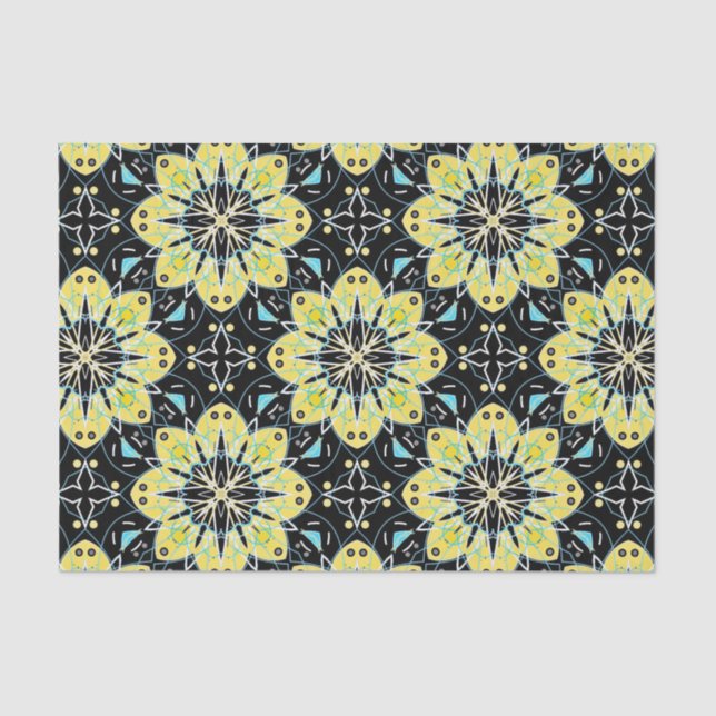 Yellow & Black Stylish Floral Geometric Pattern Tissue Paper (Front)