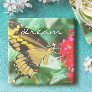 Yellow Black Swallowtail Butterfly Dream Script Stone Coaster