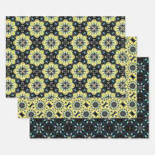 Yellow Black Teal Decorative Geometric Patterns Wrapping Paper Sheet