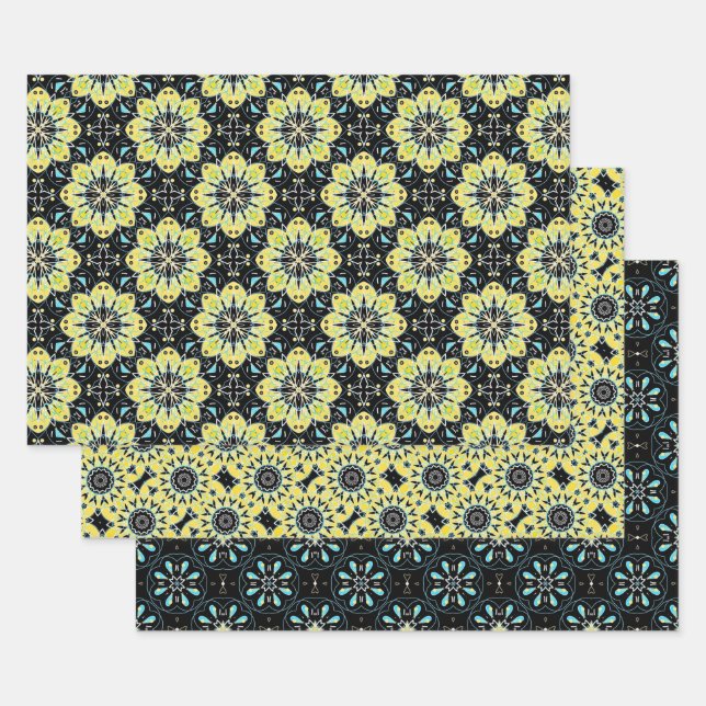 Yellow Black Teal Decorative Geometric Patterns Wrapping Paper Sheet (Set)