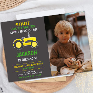 Yellow Black Tractor Birthday Invitations w Photo