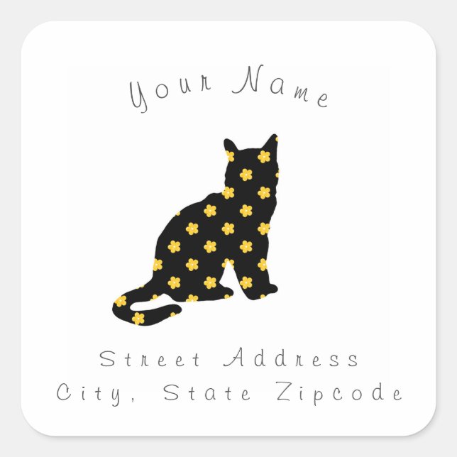 Yellow Black Watercolor Flower Pattern Kitty Square Sticker (Front)