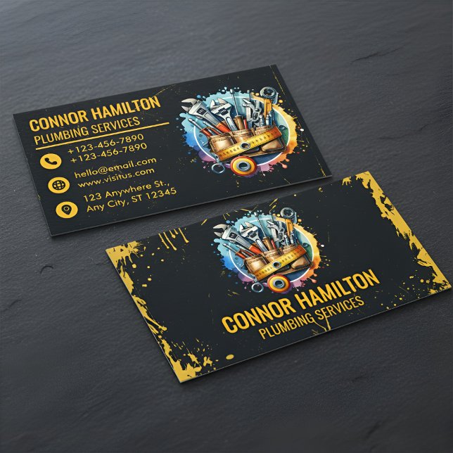 Yellow Black Watercolor Plumbing Tools Business Card (Creator Uploaded)