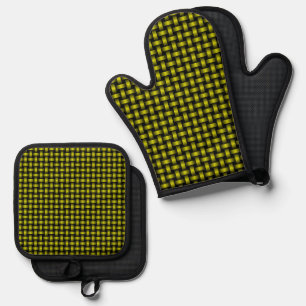 Yellow Black Weave Pattern Oven Mitt & Pot Holder Set