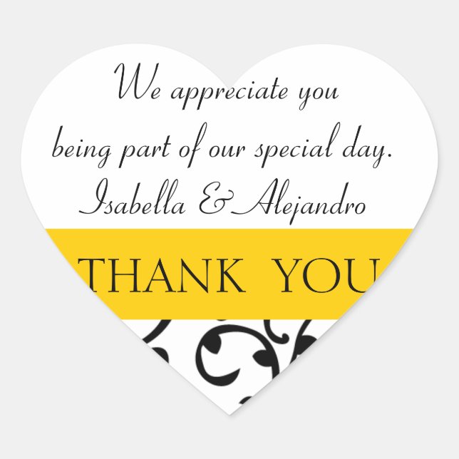 Yellow, Black Wedding Favour Thank You Message Heart Sticker (Front)