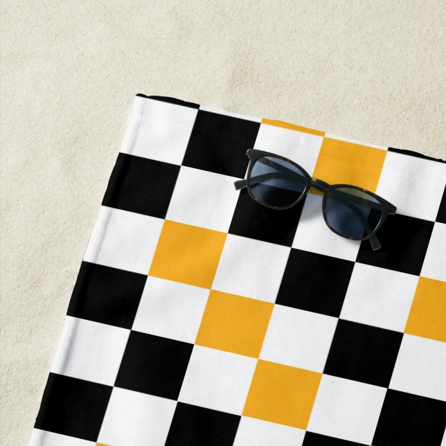 Yellow Black White Checkered Pattern Design  Beach Towel (In Situ)