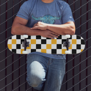Yellow Black White Checkered Pattern Design  Skateboard