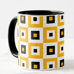 Yellow Black White Checkered Squares Pattern Mug