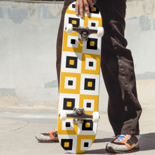 Yellow Black White Checkered Squares Pattern Skateboard