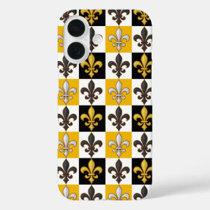 Yellow Black White Chequered Fleur-de-lis Design iPhone 16 Case