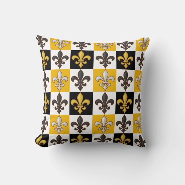 Yellow Black White Chequered Fleur-de-lis Design  Cushion (Front)