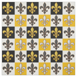 Yellow Black White Chequered Fleur-de-lis Design  Fabric