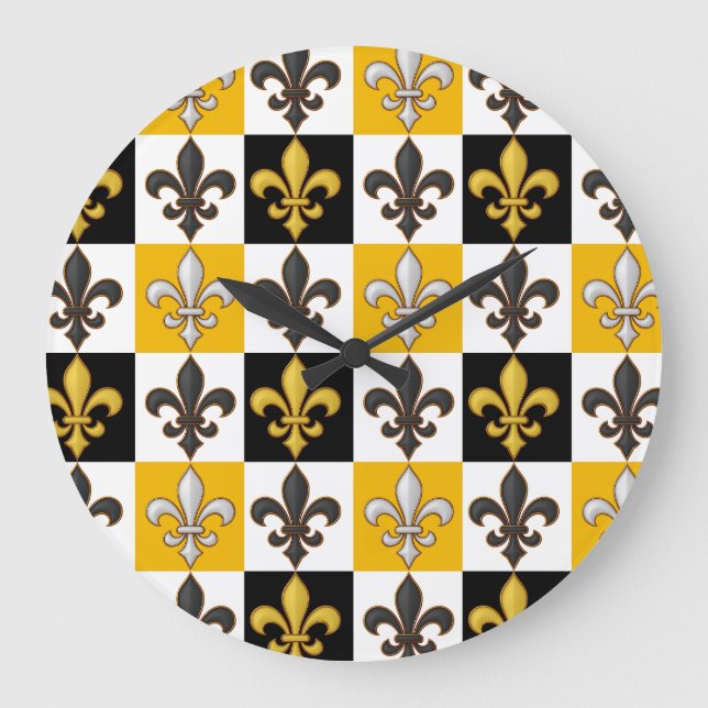 Yellow Black White Chequered Fleur-de-lis Design  Large Clock (Front)