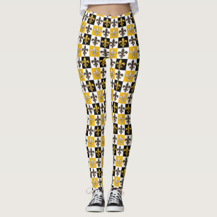 Yellow Black White Chequered Fleur-de-lis Design  Leggings